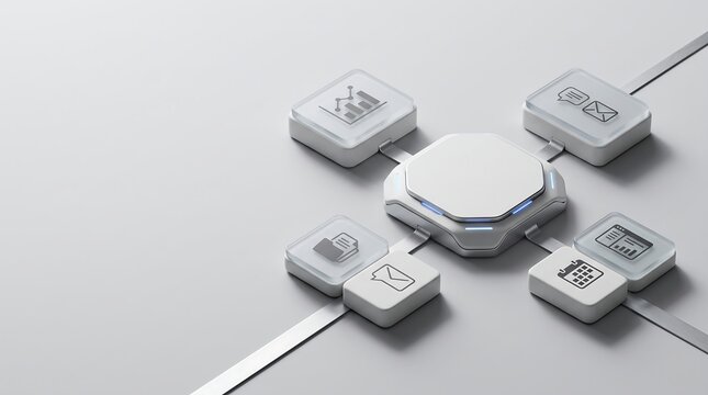 3D render of a central software hub integrating digital workspace application nodes