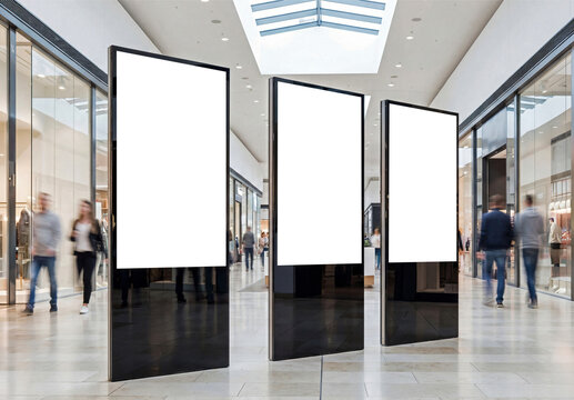 Three vertical billboards in bright modern shopping center Mockup. Generative ai
