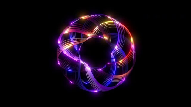 Glowing neon torus knot rotating, seamless loop. Abstract futuristic technology and energy background.