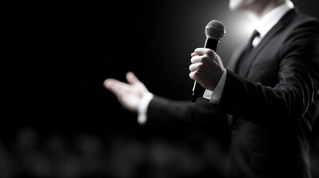 A hand holding microphone while moderating professional conference panel discussion