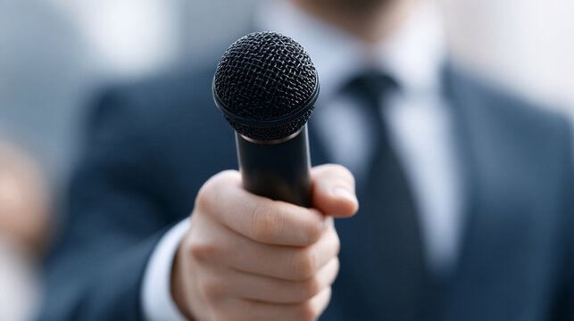 A hand holding microphone while moderating professional conference panel discussion