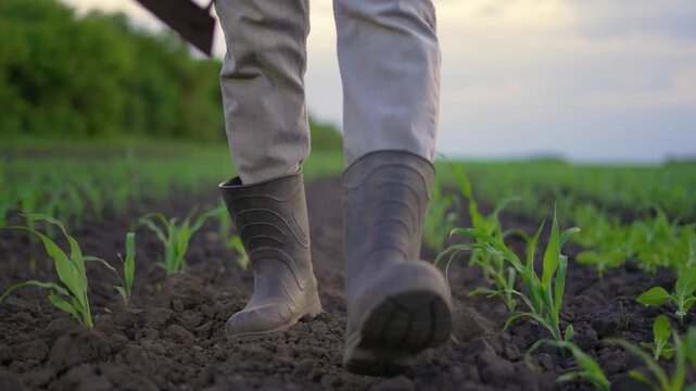 Hardworking farmer in rubber boots walks through corn field carrying hoe. Legs step across dark fertile soil between rows of young green corn seedlings. Field farming work continues at dusk.