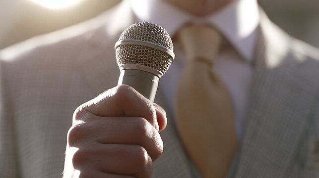 A hand holding microphone while moderating professional conference panel discussion