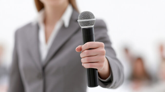 A hand holding microphone while moderating professional conference panel discussion