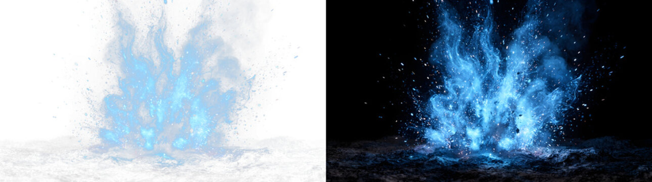 Powerful blue magic explosion erupting from the ground creating glowing particles and dynamic smoke against contrasting split background plates