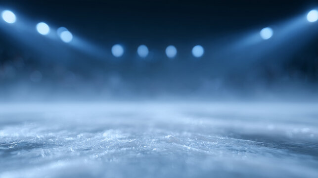 Empty Ice Rink Arena Illuminated By Bright Overhead Blue Stadium Spotlights

