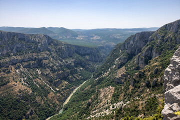 Fototapeta premium Breathtaking views from The Route des Crêtes on the Gorges du Verdon a deep, steep canyon formed by the Verdon River located in the Alpes-de-Haute-Provence region of Southeastern France.