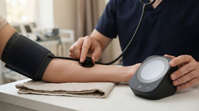 Medical blood pressure checkup with stethoscope, doctor measuring patient arterial pressure, clinical cardiology examination scene