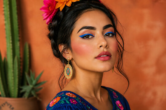 A young woman with vibrant makeup and flowers in her hair is posing indoors against an orange background.