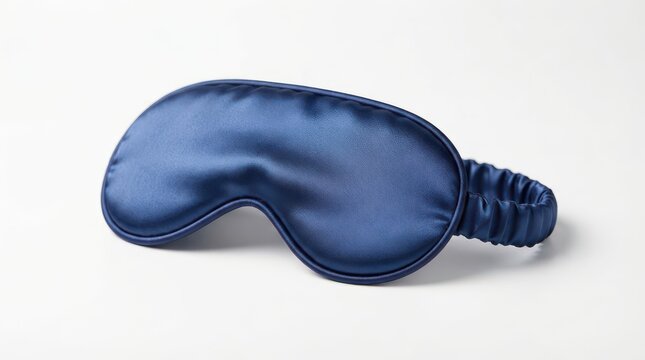 A luxurious dark blue silk sleep mask for comfortable rest and travel, isolated on white background