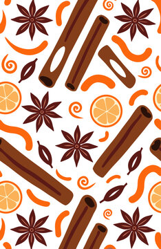 Holiday spice pattern with cinnamon sticks star anise and citrus slices in flat design