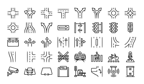 Crossroads Intersection Design and Traffic Flow Outline Vector Icons