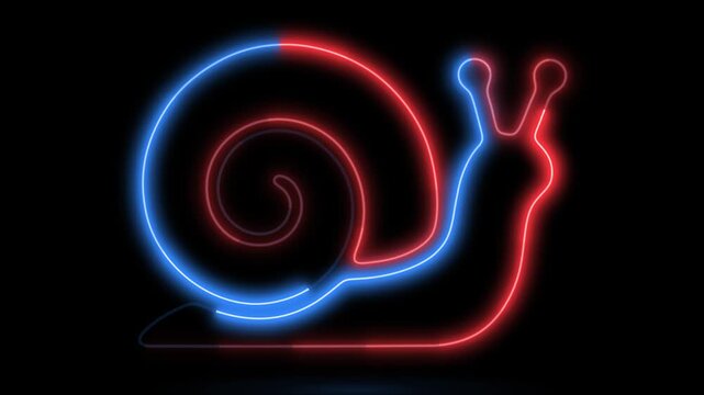 Snail illustration features a vibrant glowing neon outline in electric blue and crimson red colors against a deep black background, highlighting the sleek contours of the shell and antennae with a.