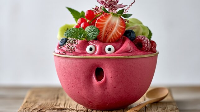 Funny smoothie bowl with toppings arranged like a surprised face, whimsical food photo with copy space
