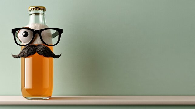 Funny kombucha bottle looking like a hipster with tiny beard and glasses, whimsical drink photo with copy space