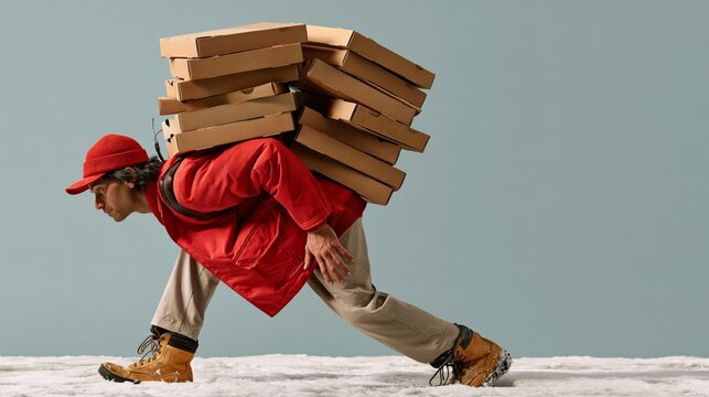 Funny delivery courier balancing huge stack of pizza boxes on a snowy street, humorous food delivery photo