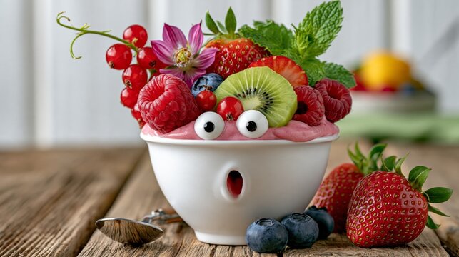 Funny smoothie bowl with toppings arranged like a surprised face, whimsical food photo with copy space