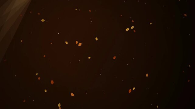 falling autumn leaves on dark brown background with floating particles
