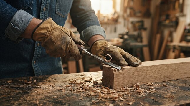 Carpenter using wood chisel on wooden plank, skilled woodworker carving timber, artisan craftsman in workshop