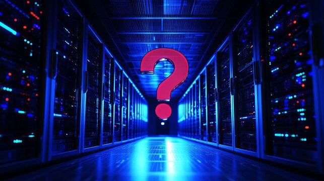 Glowing question mark emerges from a dark server room, symbolizing data uncertainty and digital mysteries