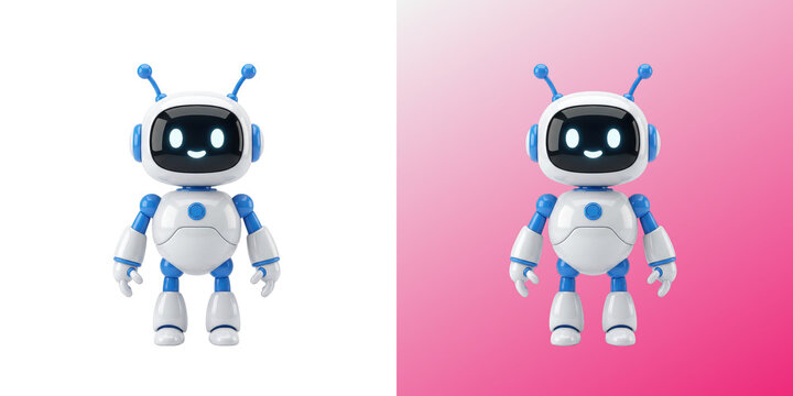 Cute blue and white robot character standing isolated representation