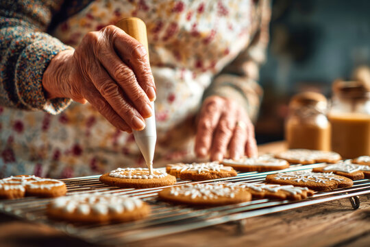 An elderly person is carefully decorating cookies with icing on a cooling rack. The kitchen has warm lighting and festive decorations