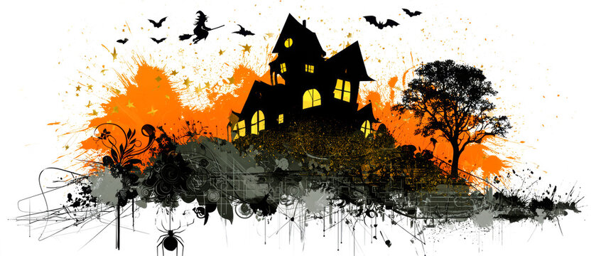 A haunted house stands on a hill with bats flying in the sky. A large tree and spooky designs are in the foreground, capturing the Halloween spirit