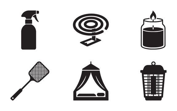 Pest Control Icons Set: Mosquito Repellent, Fly Swatter, Bug Zapper, Candle, Bed Net, Spray Bottle Vector Graphics