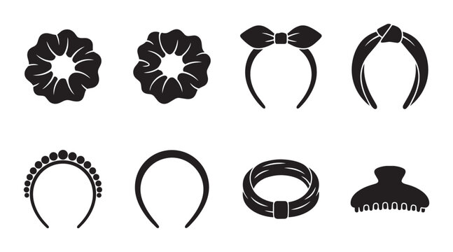 Hair Accessories Vector Icons Set: Scrunchies, Headbands, Bows, Claw Clip Collection for Fashion and Beauty Graphics