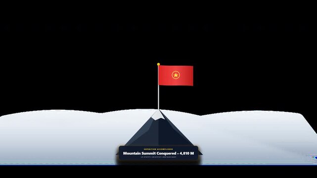 Mountain Summit Flag Plant Moment with a small flag unfurling against a panoramic cloud-layer backdrop