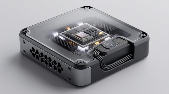 3D render of a futuristic edge computing device with a glowing microchip and transparent cover