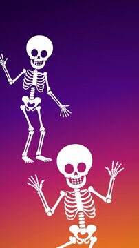 Festive Halloween video footage with funny dancing skeletons on purple and orange background for seasonal ads, intros, video cards, and Halloween content.
