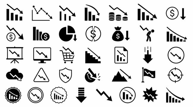 Financial crisis and economic downturn market loss icon set.