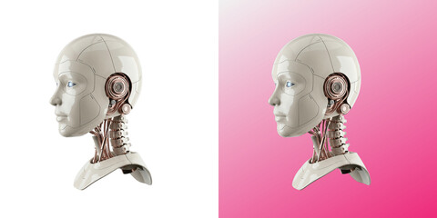 Humanoid robot head profile portrait with mechanical spine structure © Design Helbox