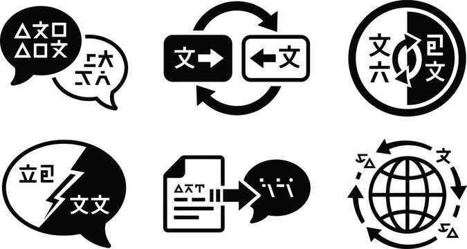 Language translation icon set featuring multilingual communication, translation arrows, global localization, foreign language exchange, interpretation, and international communication symbols
