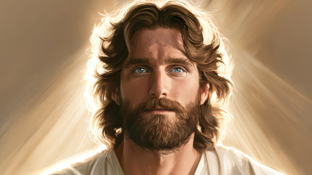 Jesus appears with long hair and a beard in direct sunlight. His face shows reflection and warmth. The setting has soft light illuminating his features