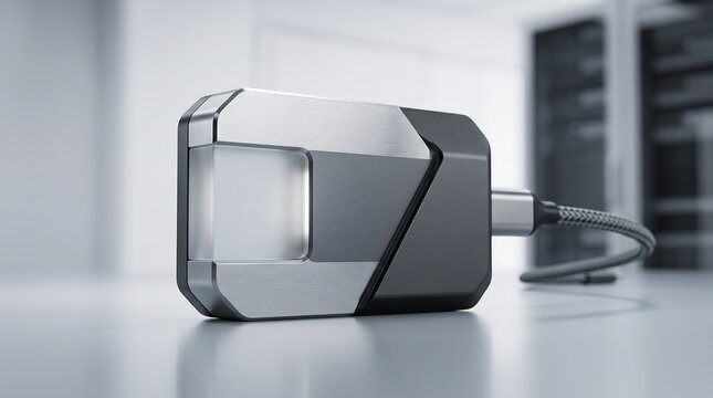 3D render of a futuristic external hard drive with a glowing indicator in a server room