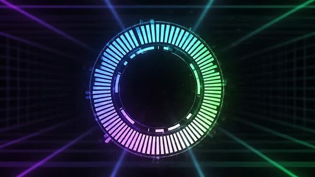 Circular neon audio visualizer spectrum analyzer reacting on a dark digital grid background