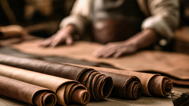 A craftsman inspects light-brown leather while smoothing it out. Rolls of natural leather lie horizontally on a workbench in a workshop setting