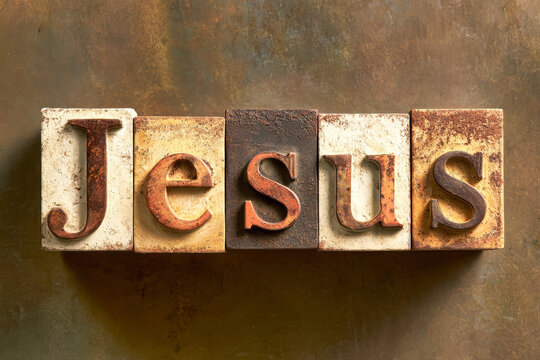 Five letters arrange in a straight line, forming the word Jesus. Letters show wear and rust, against a rough brown surface. Focus on text and texture