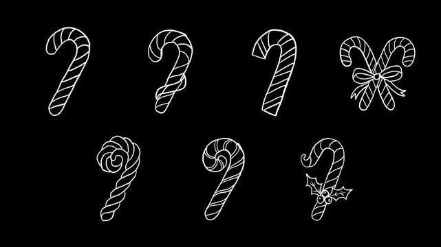Hand Drawn winter holiday candy canes set striped ribbon crossed bow twisted holly 4K Animation with alpha transparent background
