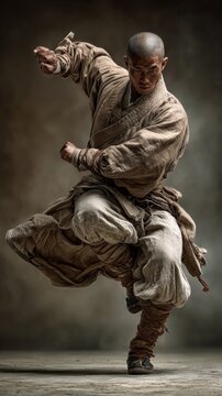 A martial artist in traditional robes performs a dynamic pose against a blurred background.