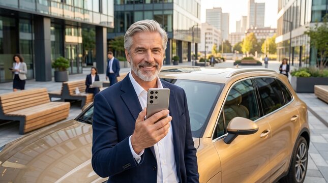 Smiling Businessman Holding Smartphone in Modern City