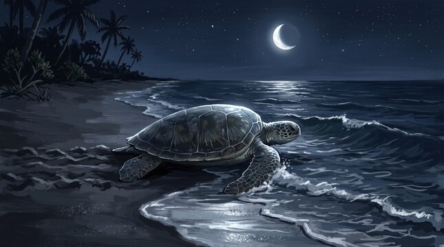 Green Sea Turtle Chelonia Mydas Entering Ocean Waves at Night Under Crescent Moon with Tropical Vegetation Silhouette on Dark Sandy Beach, Marine Conservation Digital Art