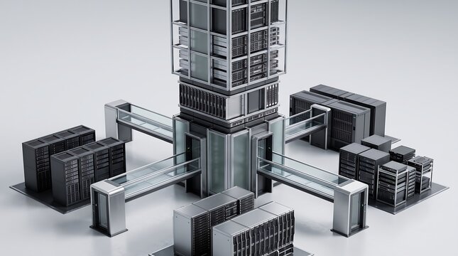 3D render of futuristic data center network architecture with server racks and glass bridges