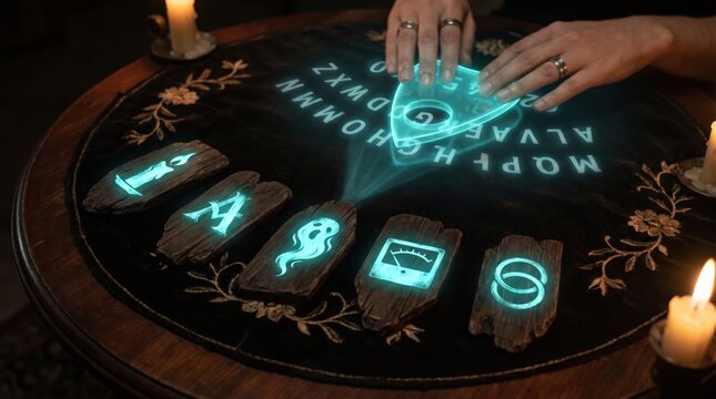 Halloween paranormal investigation s&eacute;ance game with a ghost spirit, mysterious letter and candle ritual, using holographic symbols and supernatural rings to uncover a haunted presence
