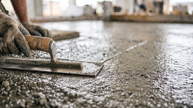 Construction worker smoothing wet cement floor during monolithic slab installation with trowel
