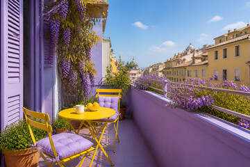 Fototapeta premium A bright, sunlit balcony with purple flowers and yellow furniture overlooks a cityscape.