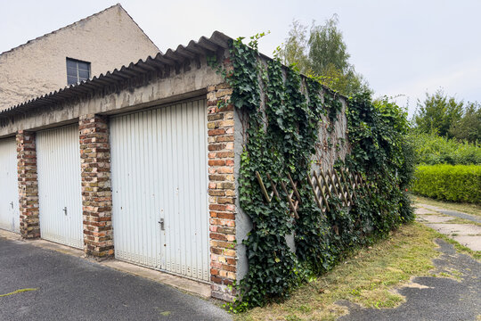 Old garage with ivy growing on the walls during daytime