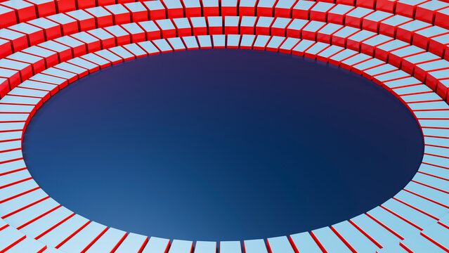 Abstract circular pattern with red and white 3d blocks surrounding